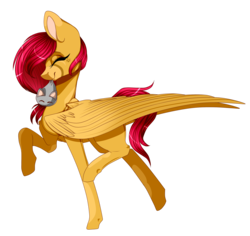 Size: 1771x1669 | Tagged: safe, artist:symphstudio, oc, oc only, oc:nola, cat, pegasus, pony, behaving like a cat, female, happy, mare, mouth hold, plushie, simple background, solo, transparent background