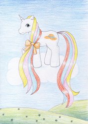 Size: 800x1133 | Tagged: safe, artist:normaleeinsane, bouquet (g1), pony, unicorn, g1, bow, female, floating, hair bow, solo, traditional art