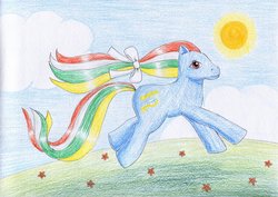 Size: 1024x723 | Tagged: safe, artist:normaleeinsane, twisty tail, earth pony, pony, g1, bow, female, hair bow, running, solo, traditional art