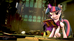Size: 7680x4320 | Tagged: safe, artist:calveen, twilight sparkle, alicorn, pony, g4, 3d, absurd resolution, book, bookhorse, chair, chandelier, chromatic aberration, clothes, collapsing ceiling, debris, female, glasses, lamp, levitation, library, looking at you, magic, mare, rock, shirt, smiling, source filmmaker, telekinesis, twilight sparkle (alicorn), wallpaper, window