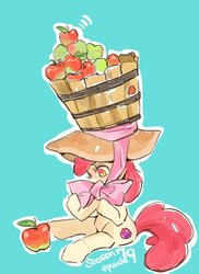 Size: 800x1100 | Tagged: safe, artist:wan, apple bloom, earth pony, pony, g4, adorabloom, apple, apple basket, basket, blue background, bow, cute, female, filly, food, giant hat, hat, simple background, solo