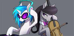 Size: 957x467 | Tagged: safe, artist:murai shinobu, dj pon-3, octavia melody, vinyl scratch, earth pony, pony, unicorn, g4, cello, duo, female, headphones, looking at you, mare, musical instrument, simple background