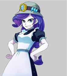 Size: 569x645 | Tagged: safe, artist:murai shinobu, rarity, equestria girls, g4, my little pony equestria girls: better together, opening night, apron, clothes, female, gray background, helmet, looking at you, mining helmet, selfie soot, simple background, smiling, solo