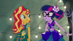 Size: 600x338 | Tagged: safe, screencap, sci-twi, sunset shimmer, twilight sparkle, equestria girls, g4, my little pony equestria girls: legend of everfree, animated, blushing, clothes, crystal gala, cute, dress, embarrassed, female, gif, lidded eyes, looking at each other, looking away, one eye closed, out of context, shipping fuel, twiabetes, wink
