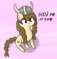 Size: 3685x3819 | Tagged: safe, artist:artiks, oc, oc only, oc:tvælåt, earth pony, pony, braided tail, c:, dialogue, female, floating heart, heart, helmet, high res, horned helmet, mare, pink background, simple background, smiling, solo, talking to viewer, viking, viking helmet