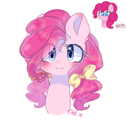 Size: 853x839 | Tagged: safe, artist:windymils, pinkie pie, earth pony, pony, g4, alternate hairstyle, bow, bust, cute, female, looking at you, mare, pigtails, portrait, redraw, simple background, smiling, solo, white background