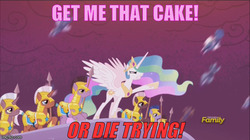 Size: 625x351 | Tagged: safe, edit, edited screencap, screencap, princess celestia, alicorn, earth pony, pony, unicorn, g4, the cutie re-mark, alternate timeline, cake, cakelestia, crystal war timeline, ethereal mane, female, food, funny, male, mare, meme, overcast, pointing, raised hoof, royal guard, spear, stallion, war, weapon