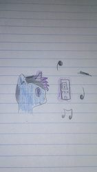 Size: 2560x1440 | Tagged: safe, oc, oc only, oc:note blitz, pony, lined paper, music notes, no pupils, phone, solo, traditional art