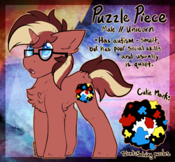 Size: 2799x2589 | Tagged: safe, artist:php166, oc, oc only, oc:puzzle piece, pony, unicorn, autism, chest fluff, cutie mark, glasses, high res, male, neurodivergent, puzzle piece, reference sheet, solo, text, unfortunate implications