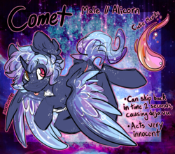 Size: 2895x2560 | Tagged: safe, artist:php166, oc, oc only, oc:comet, alicorn, pony, cutie mark, freckles, heterochromia, high res, horn, male, reference sheet, solo, text, tongue out, wings