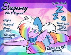 Size: 2561x1980 | Tagged: safe, artist:php166, oc, oc only, oc:sleepaway, pegasus, pony, bedroom eyes, clothes, cutie mark, male, rainbow hair, rainbow socks, reference sheet, socks, solo, striped socks, sweater, text, tongue out, wings