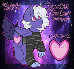 Size: 2487x2314 | Tagged: safe, artist:php166, oc, oc only, oc:sweater weather, hippogriff, cutie mark, freckles, heart eyes, high res, male, reference sheet, solo, text, wingding eyes, wings