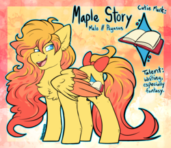 Size: 2466x2143 | Tagged: safe, artist:php166, oc, oc only, oc:maple story, pegasus, pony, book, bow, chest fluff, cutie mark, high res, male, reference sheet, solo, text