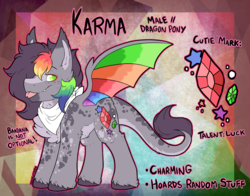 Size: 3129x2455 | Tagged: safe, artist:php166, oc, oc only, oc:karma, dracony, hybrid, bandana, chest fluff, cutie mark, freckles, high res, male, reference sheet, solo, text, wings