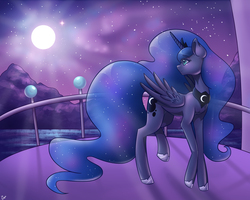 Size: 5906x4724 | Tagged: safe, artist:pitchyy, princess luna, alicorn, pony, g4, absurd resolution, balcony, fanfic, fanfic art, female, full moon, looking back, moon, night, scenery, solo, stars