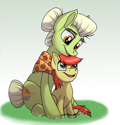 Size: 4784x5004 | Tagged: safe, artist:celestial-rainstorm, bright mac, granny smith, earth pony, pony, g4, absurd resolution, colt, female, male, mare, mother and son, sitting, young granny smith, younger