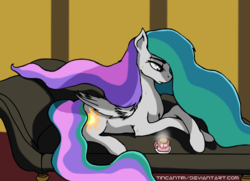 Size: 1001x725 | Tagged: safe, artist:tincantim, princess celestia, pony, g4, couch, cup, female, missing horn, mug, solo