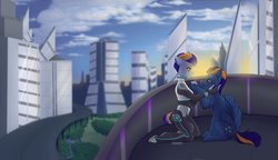 Size: 1024x588 | Tagged: safe, artist:shinizavr, oc, oc only, human, pegasus, pony, anthro, unguligrade anthro, anthro with ponies, cloud, commission, crying, cyberpunk, dawn, father and daughter, female, future, futuristic, implied human on pony action, implied interspecies, male, road, skyscraper, stallion, tears of joy