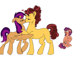 Size: 658x508 | Tagged: safe, artist:ficklepickle9421, oc, oc only, oc:chocolate cheesecake, oc:rouge quartz, oc:thunderclap, earth pony, pegasus, pony, kindverse, eyes closed, hair bun, kissing, offspring, offspring shipping, offspring's offspring, parent:cheese sandwich, parent:oc:chocolate cheesecake, parent:oc:thunderclap, parent:pinkie pie, parent:rumble, parent:scootaloo, parents:cheesepie, parents:rumbloo