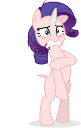 Size: 5000x7800 | Tagged: safe, artist:yanoda, edit, editor:slayerbvc, vector edit, rarity, pony, unicorn, g4, make new friends but keep discord, absurd resolution, assisted exposure, bipedal, blushing, covering, embarrassed, female, furless, furless edit, mare, naked rarity, nude edit, nudity, shaved tail, simple background, solo, transparent background, vector, we don't normally wear clothes