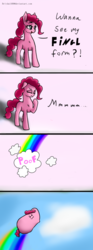 Size: 791x2133 | Tagged: safe, artist:tincantim, pinkie pie, earth pony, pony, g4, comic, female, final form, mare, rainbow, solo, wat