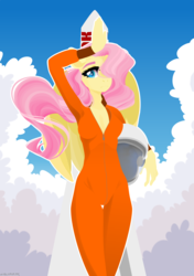 Size: 4500x6404 | Tagged: safe, artist:eiirine, fluttershy, anthro, g4, absurd resolution, astronaut, cloud, female, helmet, looking at you, mare, skinny, sky, solo, spacesuit, thin