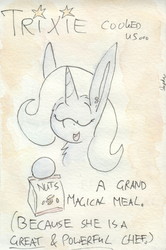 Size: 700x1053 | Tagged: safe, artist:slightlyshade, trixie, pony, unicorn, g4, cinnamon nuts, female, food, impossibly large ears, solo, traditional art