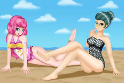 Size: 2700x1800 | Tagged: safe, artist:focusb, cloudy quartz, pinkie pie, human, equestria girls, g4, adoraquartz, beach, cloud, cloudy, cute, diapinkes, duo, duo female, feet, female, humanized, looking at you, mother and daughter, pie family