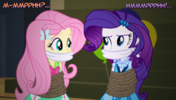 Size: 1286x728 | Tagged: safe, artist:snakeythingy, edit, fluttershy, rarity, equestria girls, g4, my little pony equestria girls: friendship games, bondage, bound and gagged, cloth gag, damsel in distress, dialogue, gag, looking at each other, peril, photomanipulation, rope, rope bondage, story included, tied up