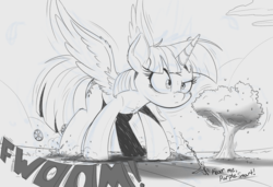 Size: 2000x1365 | Tagged: source needed, useless source url, safe, artist:ncmares, twilight sparkle, oc, oc:anon, alicorn, human, pony, g4, cheek fluff, chest fluff, dialogue, ear fluff, female, giant pony, grayscale, growth, macro, mare, mega twilight sparkle, monochrome, onomatopoeia, simple background, spread wings, text, tree, twilight sparkle (alicorn), white background, wings
