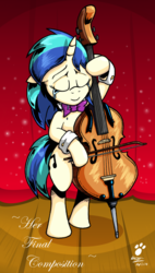 Size: 799x1406 | Tagged: safe, artist:duragan, dj pon-3, vinyl scratch, pony, g4, bipedal, bow (instrument), bowtie, cel shading, cello, cello bow, composition, crying, fanart, feels, heartbreak, implied death, implied lesbian, implied scratchtavia, implied shipping, musical instrument, performance, ribbon, role reversal, solo, stage, tears of joy
