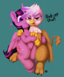 Size: 1493x1813 | Tagged: safe, artist:pabbley, artist:transgressors-reworks, edit, gilda, twilight sparkle, alicorn, griffon, pony, g4, belly button, colored, crack shipping, cute, dialogue, female, gildadorable, lesbian, looking at you, shipping, simple background, twiabetes, twilda, twilight sparkle (alicorn), waifu thief