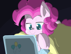 Size: 1280x960 | Tagged: safe, artist:temmie720, pinkie pie, earth pony, pony, g4, black background, blanket, computer, cute, diapinkes, female, laptop computer, lidded eyes, prone, simple background, solo