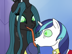 Size: 1200x900 | Tagged: safe, artist:pony quarantine, queen chrysalis, shining armor, changeling, changeling queen, pony, unicorn, g4, drawthread, eyelashes, eyeshadow, female, hypnosis, hypnotized, infidelity, kissing, long tongue, makeup, male, ship:shining chrysalis, shipping, stallion, straight, tongue out