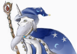 Size: 1994x1391 | Tagged: safe, artist:remains, star swirl the bearded, pony, unicorn, g4, alternate versions at source, floppy ears, magic staff, male, simple background, solo, white background