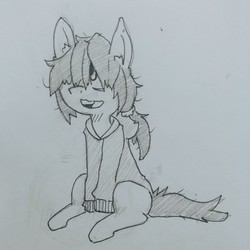 Size: 3120x3120 | Tagged: safe, artist:shpace, oc, oc only, oc:floor bored, earth pony, pony, clothes, ear fluff, female, grayscale, hair over one eye, high res, hoodie, mare, messy mane, monochrome, sitting, solo, traditional art