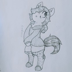 Size: 2659x2658 | Tagged: safe, artist:shpace, oc, oc only, oc:floor bored, earth pony, pony, /ourgirl/, bags under eyes, bipedal, clothes, ear fluff, female, grayscale, hair over one eye, high res, hoodie, mare, monochrome, socks, solo, striped socks, traditional art