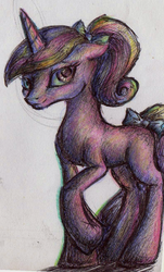 Size: 792x1312 | Tagged: safe, artist:remains, princess cadance, pony, unicorn, g4, blank flank, bow, female, floppy ears, hair bow, ponytail, ribbon, solo, tail bow, teen princess cadance, traditional art, unicorn cadance, younger