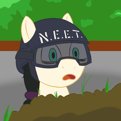 Size: 576x576 | Tagged: safe, artist:scraggleman, oc, oc only, oc:floor bored, earth pony, pony, bags under eyes, bust, female, goggles, helmet, mare, meme, neet, neet home guard, ponified, solo, zitakukeibitai
