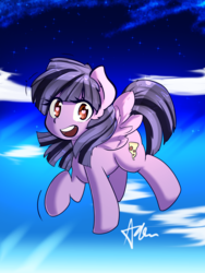 Size: 3000x4000 | Tagged: safe, artist:acharmingpony, oc, oc only, oc:sameeky, pegasus, pony, cloud, female, flying, high res, looking at you, mare, open mouth, signature, sky, solo