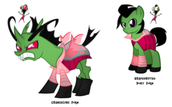 Size: 2644x1648 | Tagged: safe, artist:thecreativeenigma, changeling, pony, changelingified, duality, green changeling, invader zim, ponified, simple background, solo, species swap, transparent background, zim