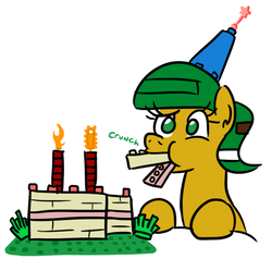 Size: 495x471 | Tagged: safe, artist:jargon scott, oc, oc only, oc:blocky bits, pony, birthday, birthday cake, building blocks, bust, cake, candle, eating, female, food, hat, lego, mare, onomatopoeia, orange transparent chainsaws, party hat, simple background, solo, white background