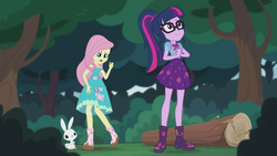 Size: 2208x1242 | Tagged: safe, screencap, angel bunny, fluttershy, sci-twi, twilight sparkle, butterfly, equestria girls, g4, my little pony equestria girls: better together, stressed in show, stressed in show: fluttershy, boots, clothes, cute, fluttershy boho dress, frown, glasses, log, mud, muddy, ponytail, sad, sci-twi skirt, shoes, skirt, twiabetes
