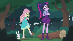 Size: 2208x1242 | Tagged: safe, screencap, angel bunny, fluttershy, sci-twi, twilight sparkle, equestria girls, g4, my little pony equestria girls: better together, stressed in show, stressed in show: fluttershy, boots, cute, frown, glasses, log, mud, muddy, ponytail, raised leg, sad, scared, shoes, twiabetes