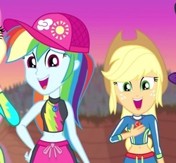 Size: 444x410 | Tagged: safe, screencap, applejack, rainbow dash, aww... baby turtles, equestria girls, g4, my little pony equestria girls: better together, belly button, bikini, bikini top, cap, clothes, cropped, cute, dashabetes, female, hand on chest, hat, jackabetes, midriff, swimming trunks, swimsuit