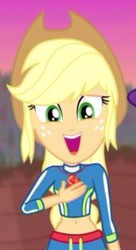 Size: 356x656 | Tagged: safe, screencap, applejack, aww... baby turtles, equestria girls, g4, my little pony equestria girls: better together, belly button, bikini, clothes, cropped, cute, female, hand on chest, jackabetes, midriff, solo, swimsuit
