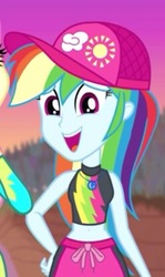Size: 459x768 | Tagged: safe, screencap, rainbow dash, aww... baby turtles, equestria girls, g4, my little pony equestria girls: better together, belly button, bikini, bikini top, cap, clothes, cropped, cute, dashabetes, female, hat, midriff, swimming trunks, swimsuit