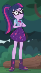 Size: 1242x2208 | Tagged: safe, screencap, sci-twi, twilight sparkle, equestria girls, g4, my little pony equestria girls: better together, stressed in show, stressed in show: fluttershy, boots, bowtie, clothes, female, geode of telekinesis, glasses, magical geodes, ponytail, scared, shoes, skirt, solo