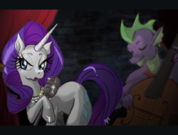 Size: 1280x967 | Tagged: safe, artist:m0on13aby, rarity, spike, g4, cello, female, jewelry, lipstick, male, microphone, musical instrument, older, older spike, ship:sparity, shipping, singing, straight