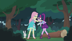 Size: 2208x1242 | Tagged: safe, screencap, angel bunny, fluttershy, sci-twi, twilight sparkle, butterfly, equestria girls, equestria girls series, g4, stressed in show, stressed in show: fluttershy, boots, geode of telekinesis, glasses, lidded eyes, log, magical geodes, mud, muddy, ponytail, shoes